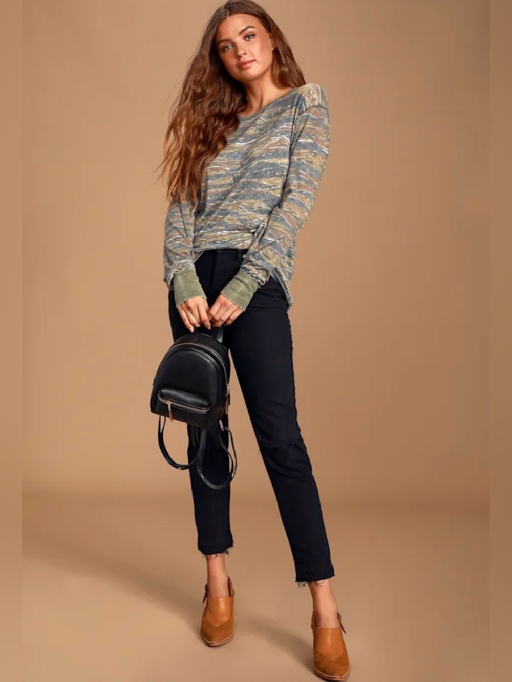 We The Free Free People Arielle Green Multi Camo Print Long Sleeve Top
